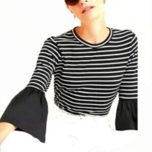 By Anthropologie Black White Striped Bell Puff Sleeve Top Size Small